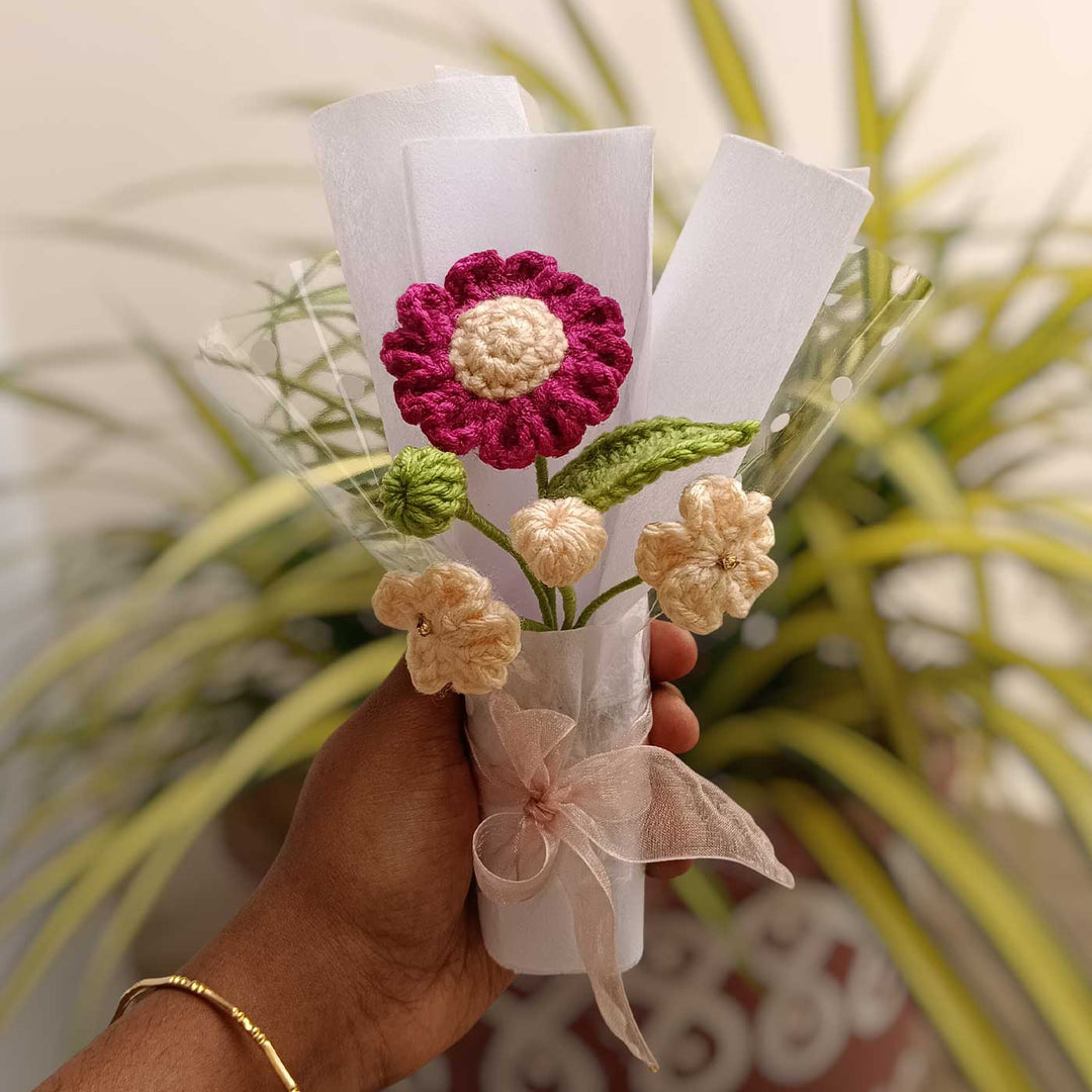 Handmade Crochet Burgundy & Cream Mini Flower Bouquet | Includes Photo & Greeting Card