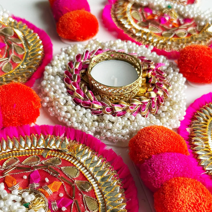 Reusable Gota Patti Pink Diya Design Rangoli | Set Of 9