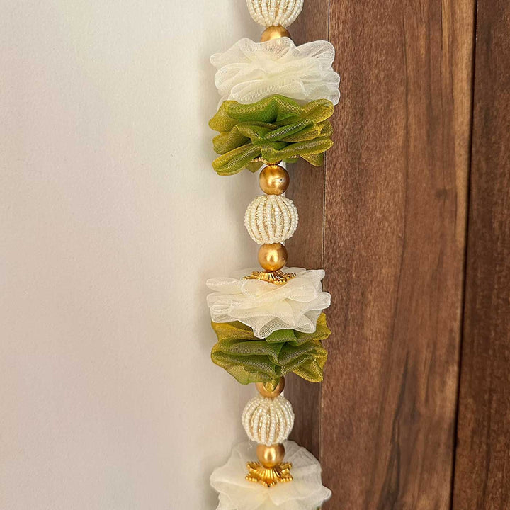 6 Pc | Handmade White & Green Peacock Hangings with Tissue Fabric Flowers & Moti Beads