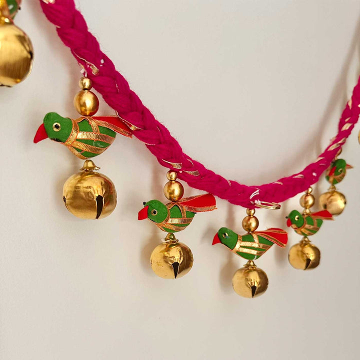 Handmade Pink Mauli Thread & Wool Toran With Ghungroo & Parrot For Festive Decor