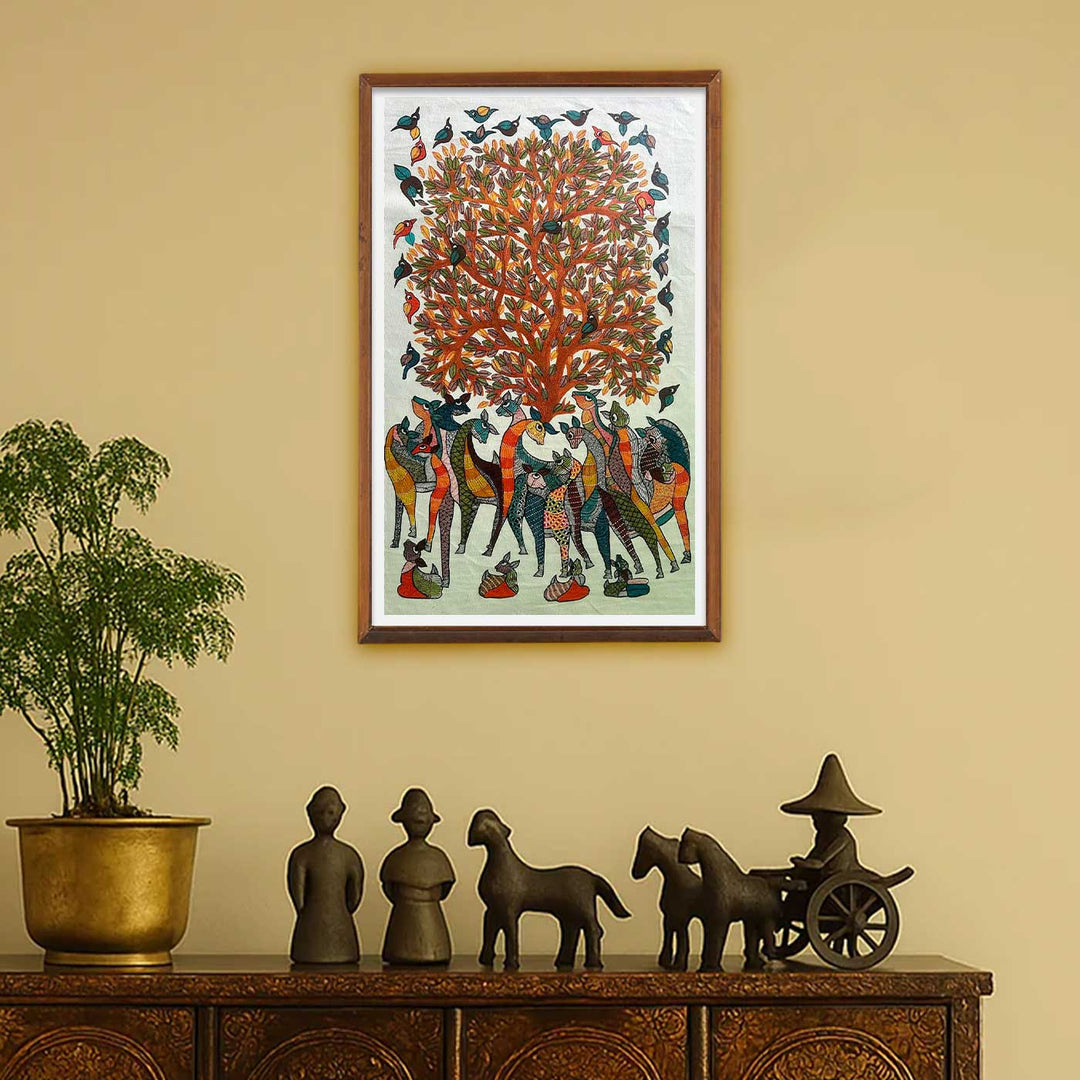 24 x 36 Inch | Giraffes & Birds | Original Hand Painted Tribal Gond Art Painting | Acrylic Paints On Paper