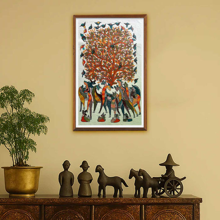 24 x 36 Inch | Giraffes & Birds | Original Hand Painted Tribal Gond Art Painting | Acrylic Paints On Paper