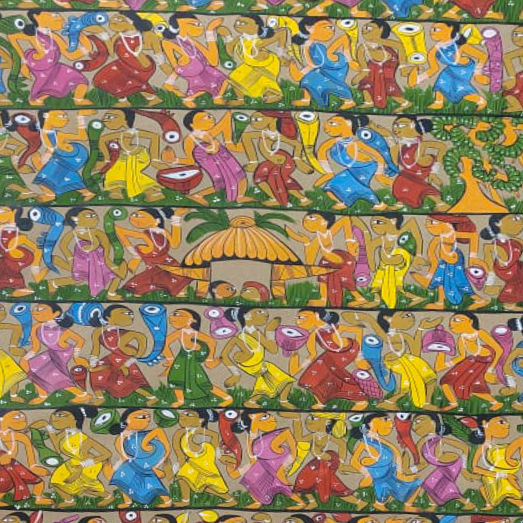 44 x 29 Inch | Ras Leela of Lord Krishna | Original Hand Painted Kalighat Painting | Natural Colors On Paper