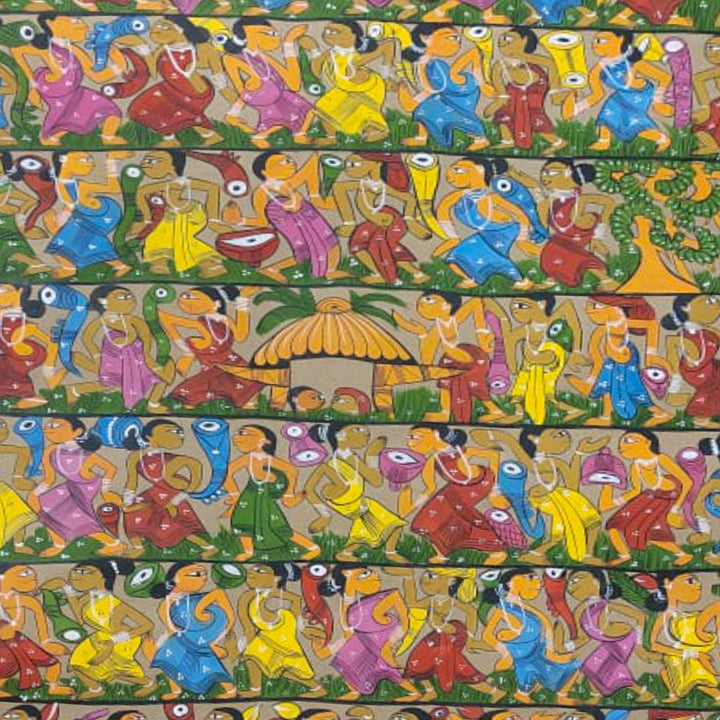 44 x 29 Inch | Ras Leela of Lord Krishna | Original Hand Painted Kalighat Painting | Natural Colors On Paper