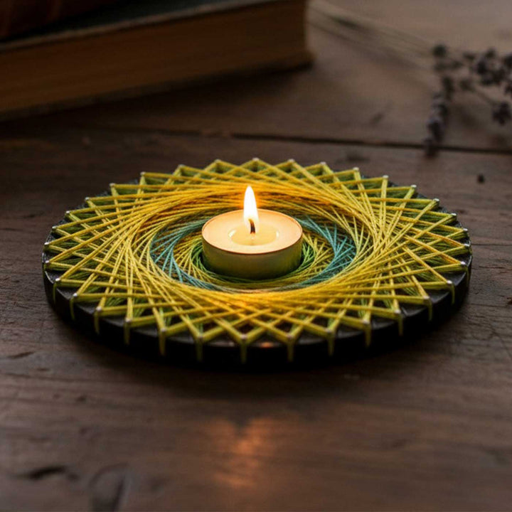 Handmade String Art Round Wooden Tealight Holder With Tealight Candle