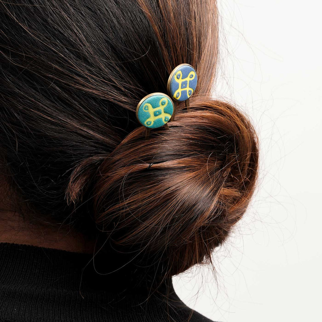 Handmade Polymer Clay Charukesi Kolam Hair Pins | Set Of 2
