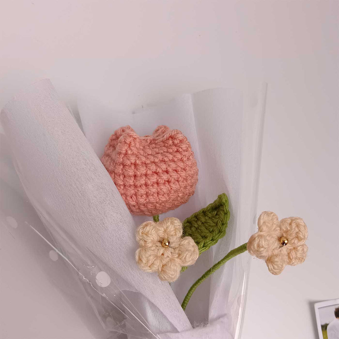 Handmade Crochet Peach Tulip Mini Flower Bouquet | Includes Photo & Greeting Card