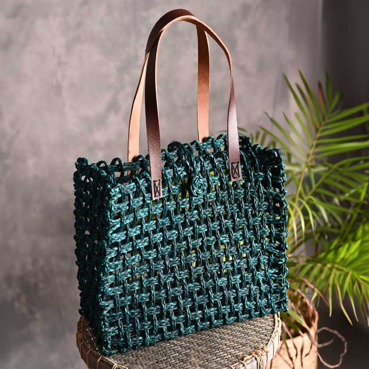 Handmade Grass Woven Leather Strap Box Shaped Sabai Mesh Tote Bag