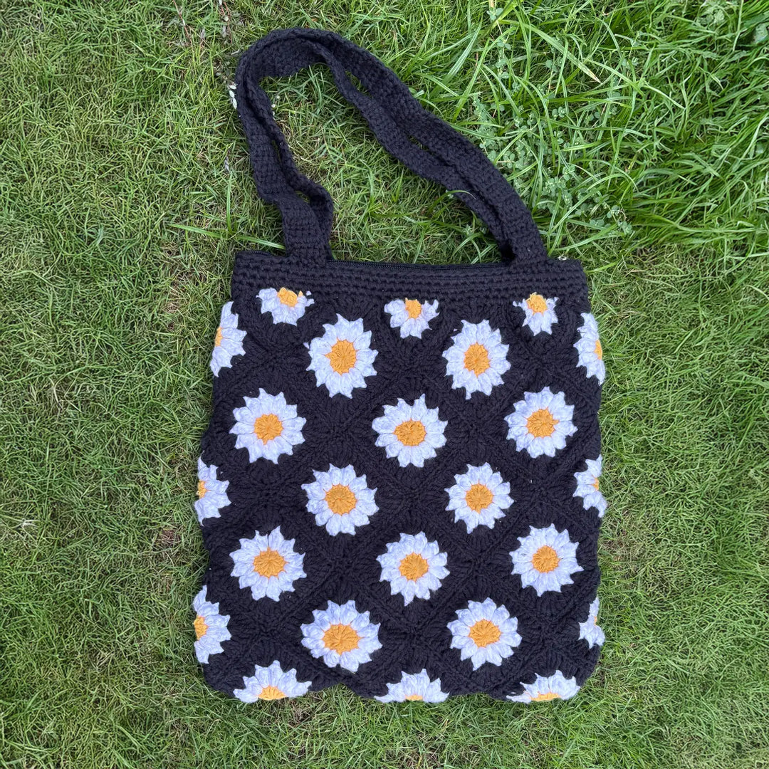 Handmade Crochet Daisy Flower Design Cotton Tote Bag