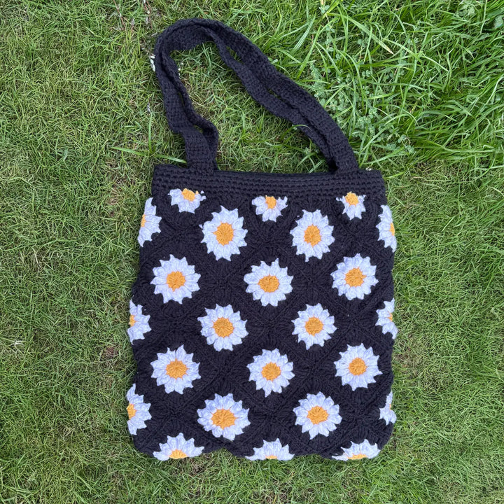 Handmade Crochet Daisy Flower Design Cotton Tote Bag