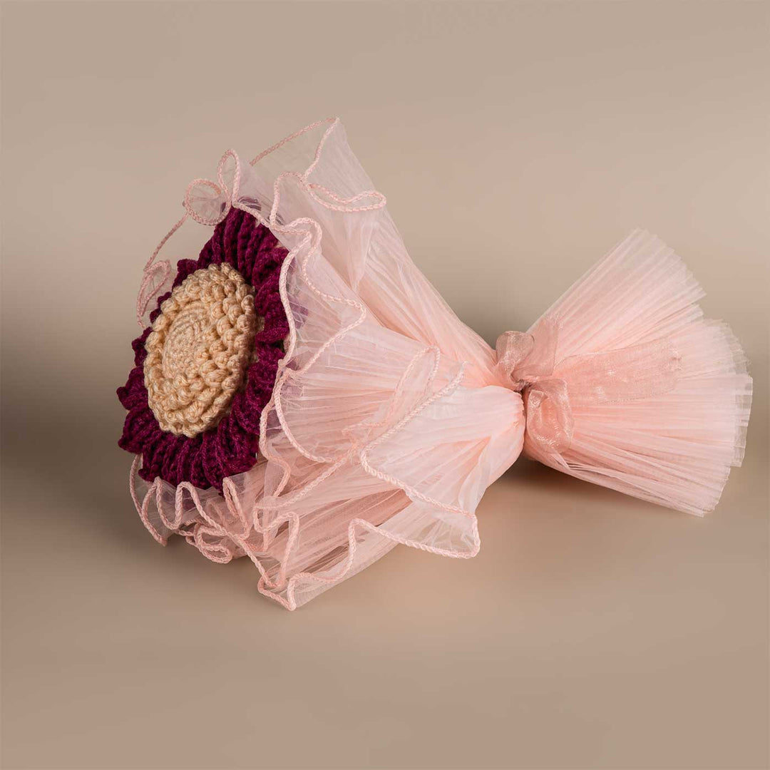 Handmade Crochet Burgundy Sunflower Bouquet With Lights | Includes Photo & Greeting Card