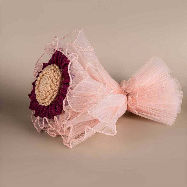 Handmade Crochet Burgundy Sunflower Bouquet With Lights | Includes Photo & Greeting Card