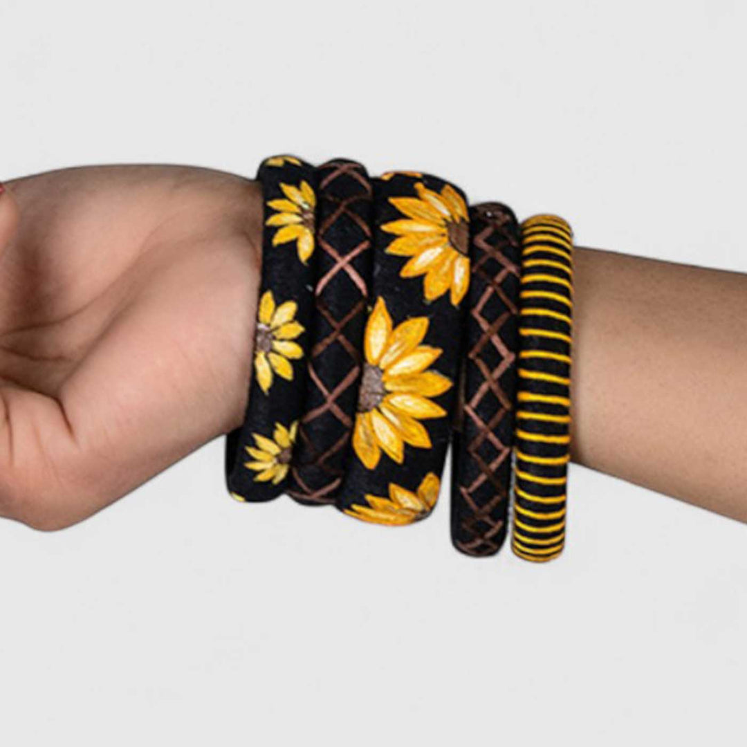 Black & Yellow Handcrafted Sunflower Bangles | Set of 5