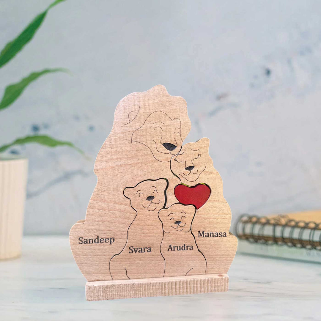 Personalized Lion Family Of 4 Wooden Figurine