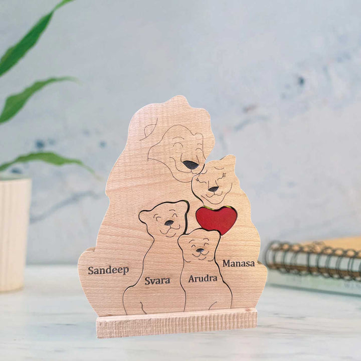 Personalized Lion Family Of 4 Wooden Figurine