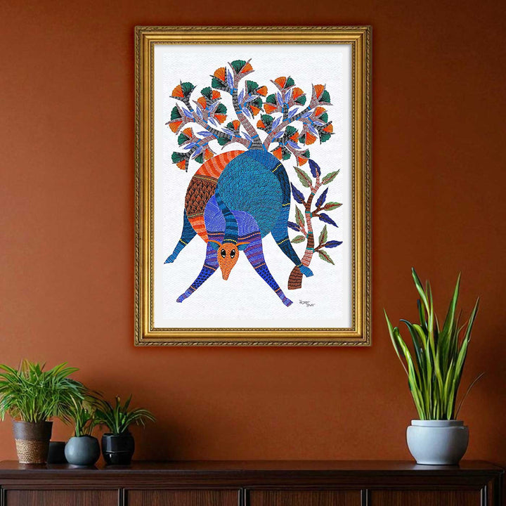 11 x 15 Inch | Tree & Deer | Original Hand painted Tribal Gond Art Painting | Acrylic Paints On Paper