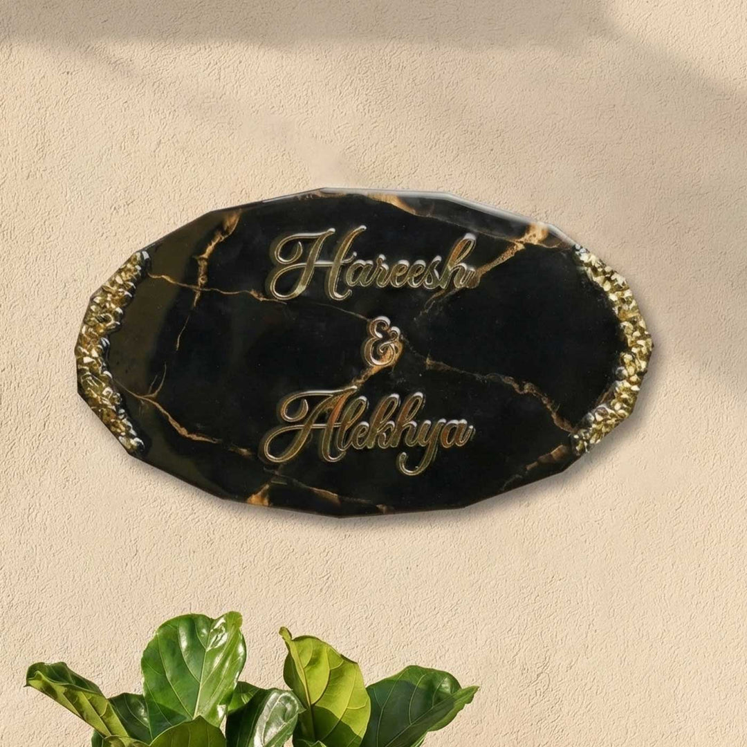 Personalized Oval Black & Gold Resin Name Plate For Couples