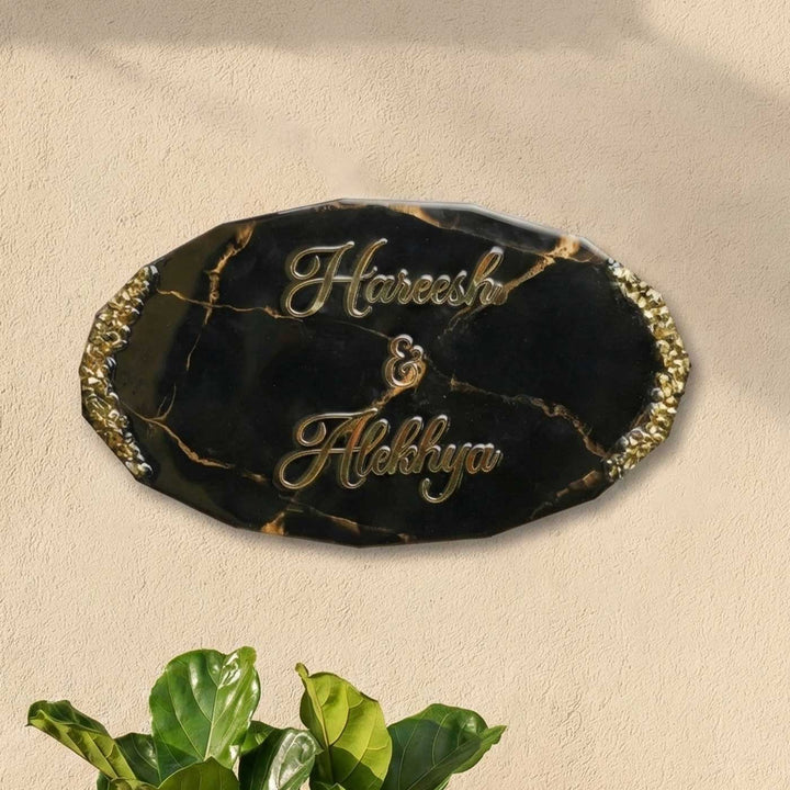 Personalized Oval Black & Gold Resin Name Plate For Couples
