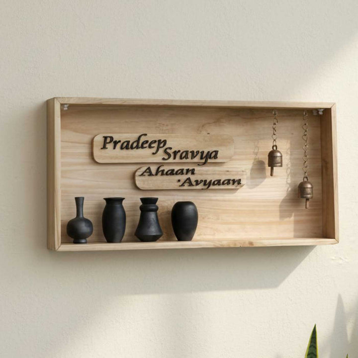 Personalized Shadowbox Pinewood Name Plate With Mini Pots & Copper Bells For Home