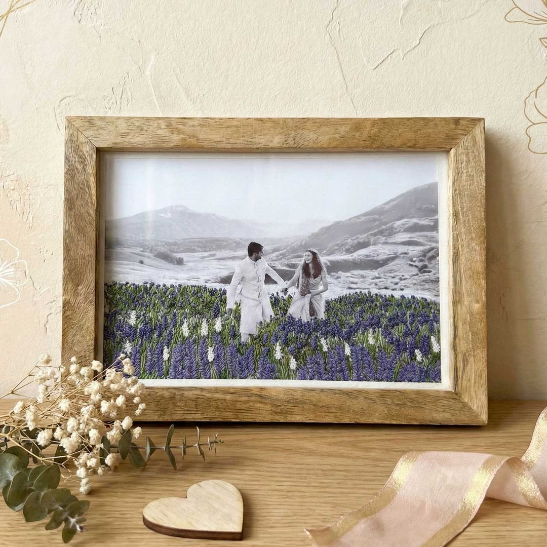 Flower Garden Design Hand Embroidered Photo With Wooden Frame