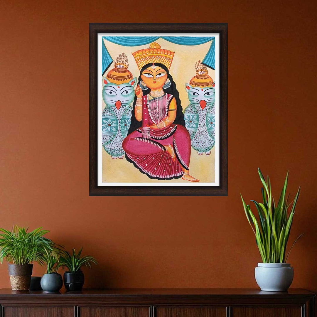 11 x 14 Inch | Lakshmi With Owls | Original Hand Painted Kalighat Painting | Natural Pigment On Paper