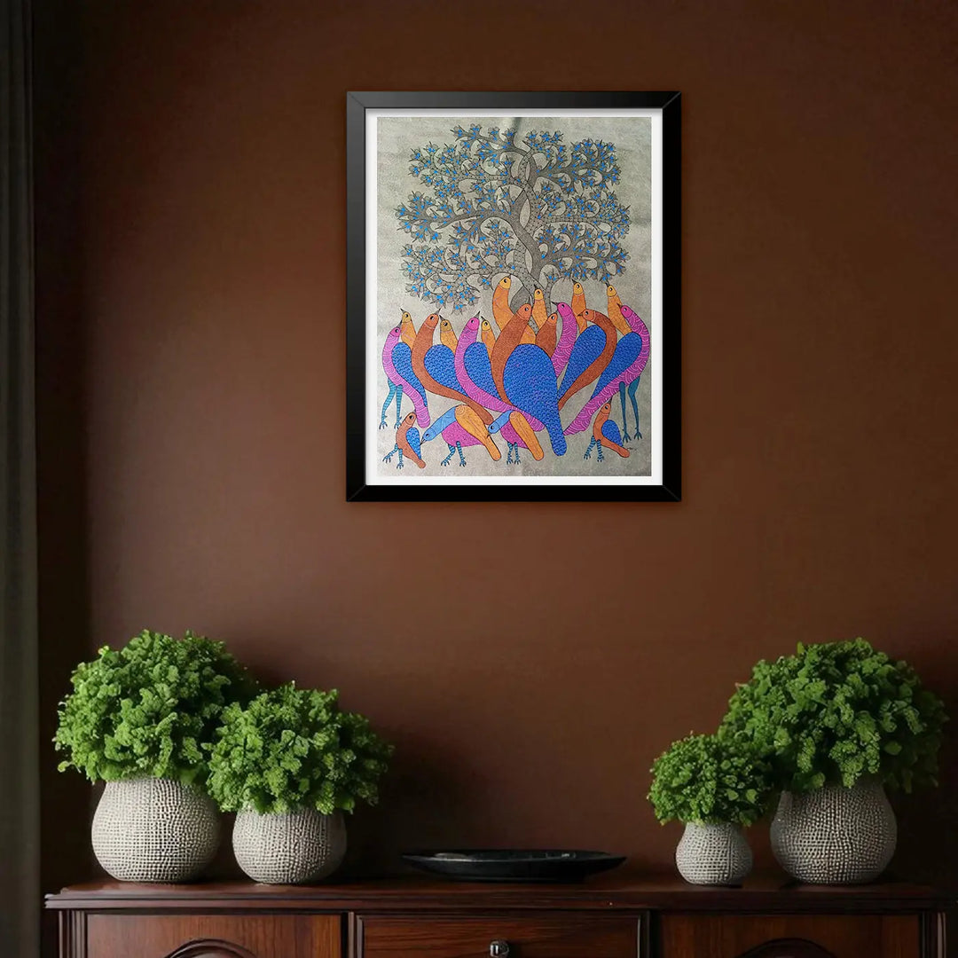 30 x 42 Inch | The Meeting Place | Original Hand Painted Tribal Gond Art Painting | Acrylic Paint On Canvas