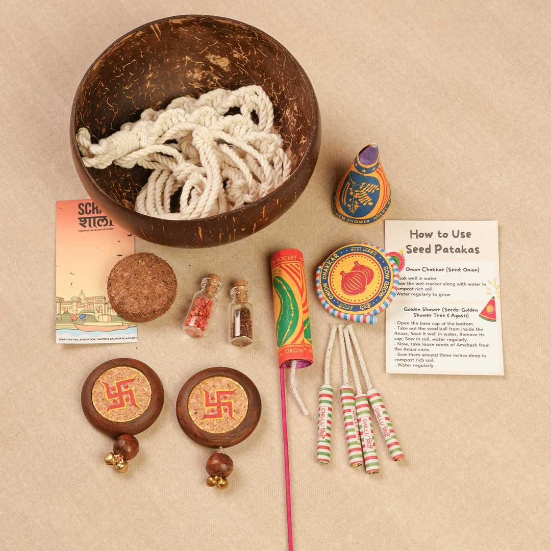 Handmade Prakriti Gift Hamper | Includes Coconut Shell Hanging Planter, Seed Jars, Seed Crackes, Cocopeat, Swastik Door Hanging, Cracker Instruction Card, Seed Card And Outer Box