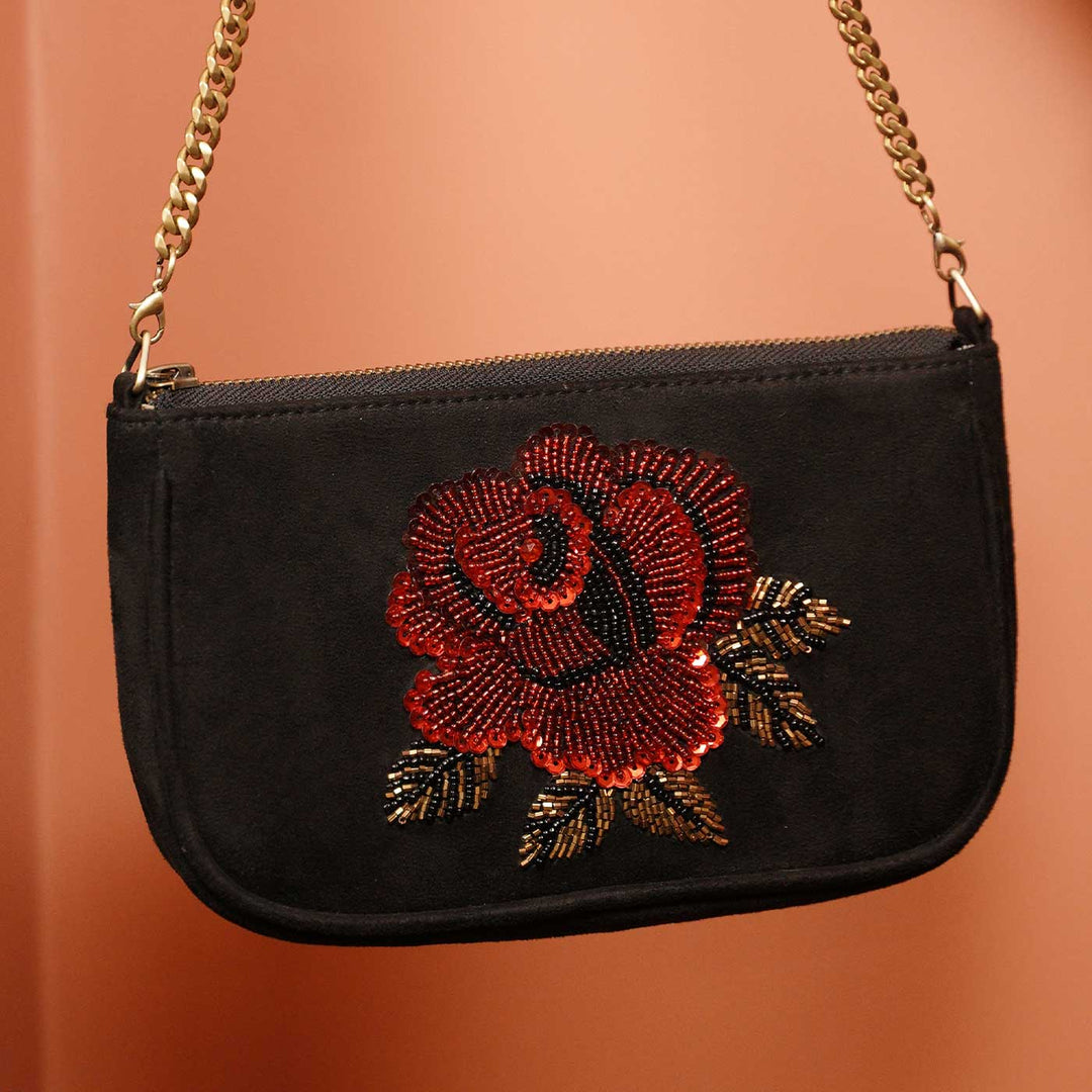Hand Embroidered Rosette Black Baguette Bag