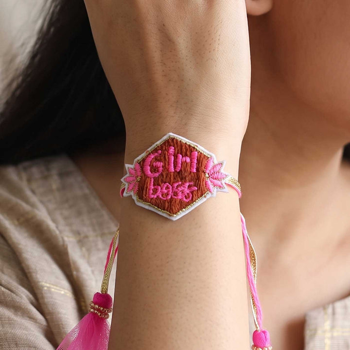 Handmade Thread Embroidered "Girl Boss" Reusable Rakhi Magnet For Sister