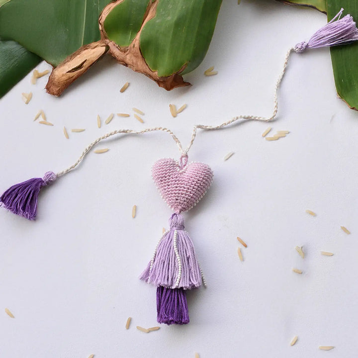 Handmade Crochet Purple Heart & Tassels Lumba Rakhi For Bhabhi With Roli Chawal