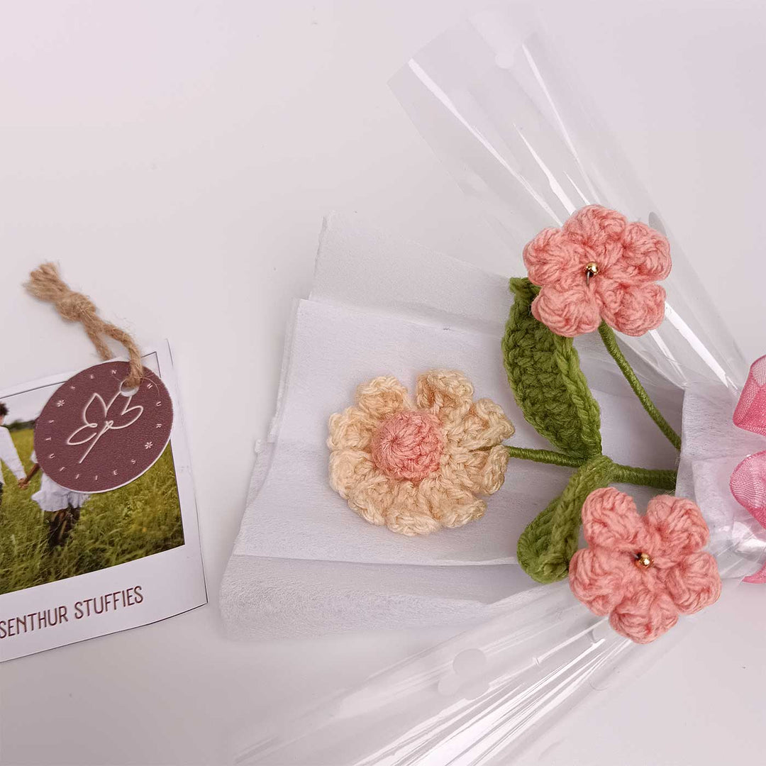 Handmade Crochet Cream & Peach Mini Flower Bouquet | Includes Photo & Greeting Card