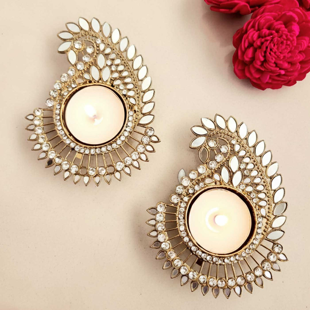 Handmade Mirror Work Paisley Shape Wooden Tealight Holder