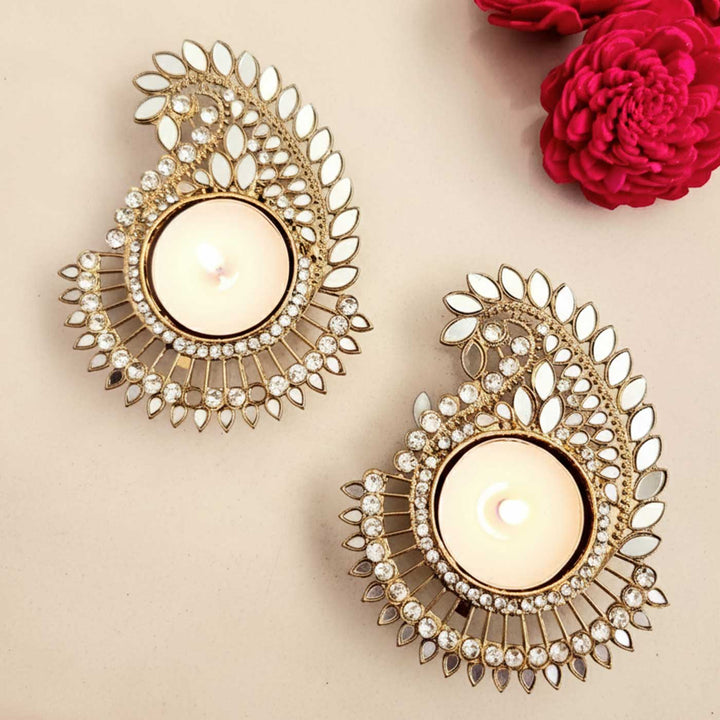 Handmade Mirror Work Paisley Shape Wooden Tealight Holder