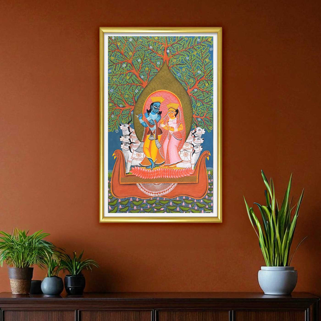 29 x 48 Inch | Radha Krishna On Boat | Original Hand Painted Kalighat Painting | Natural Pigment On Paper