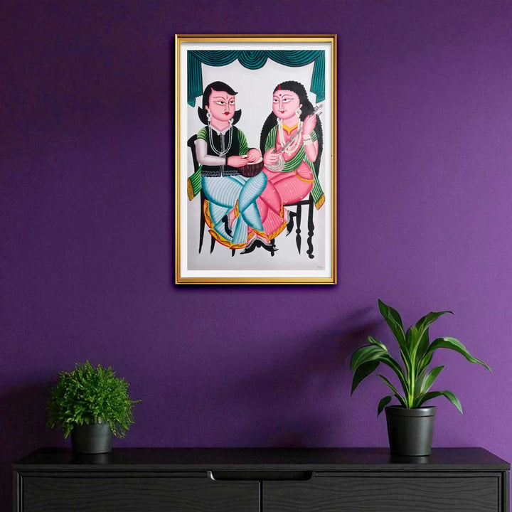 14 x 22 Inch | Rhythm of Companionship | Original Hand Painted Kalighat Painting | Natural Colors On Paper