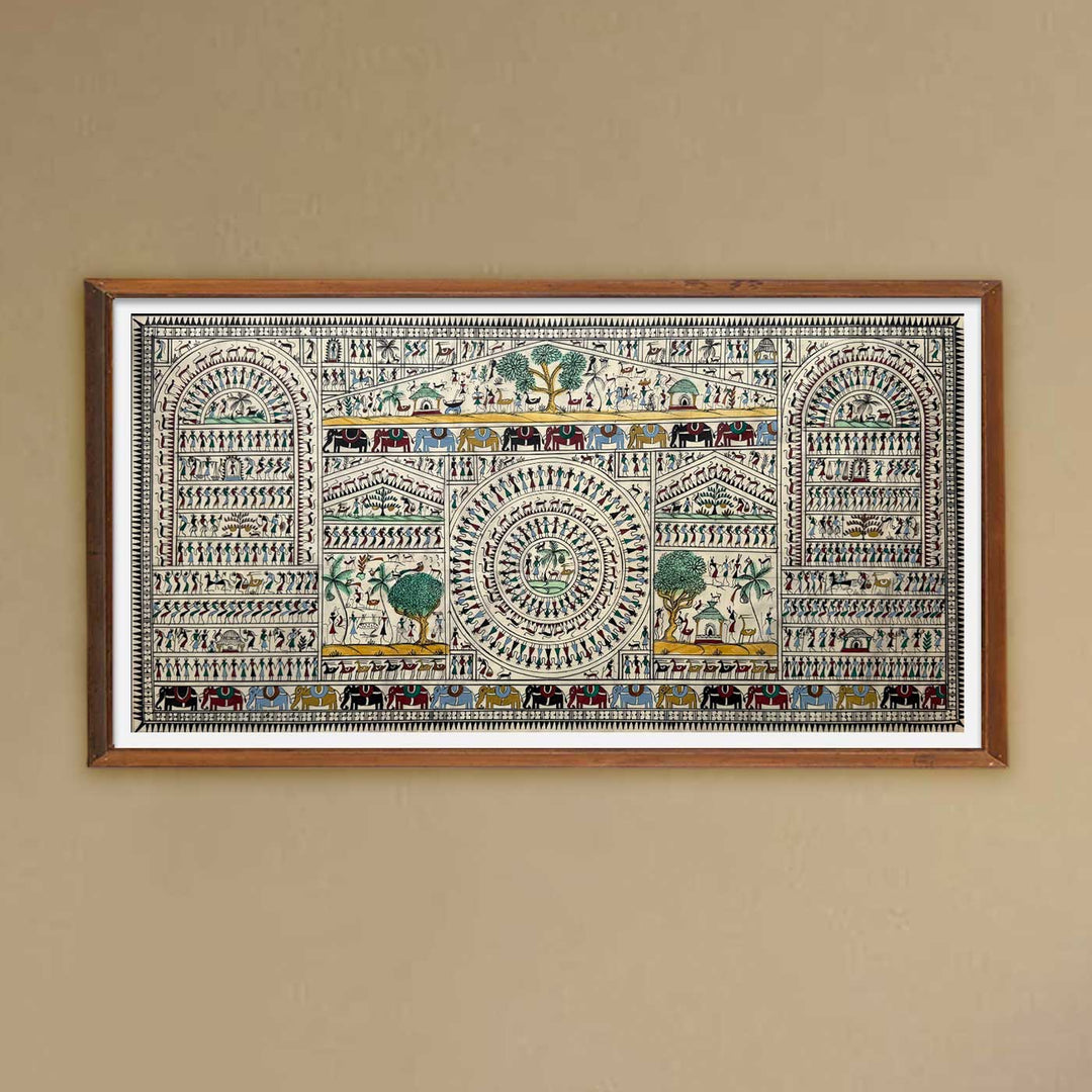 41 X 20 Inch | Handmade Tussar Silk Saura Mandala Painting