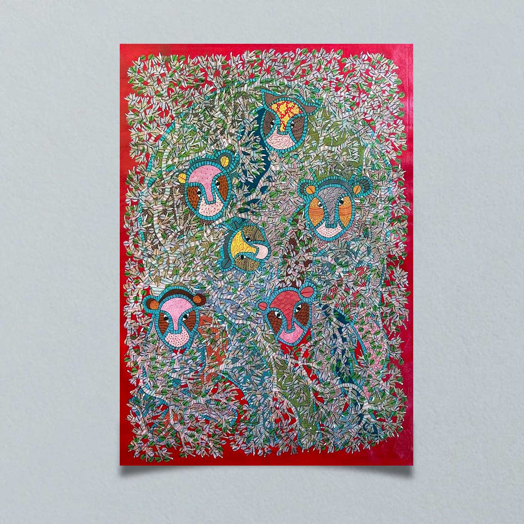 24 x 36 Inch | Lions In The Trees | Original Hand Painted Tribal Gond Art Painting | Acrylic Paints On Paper