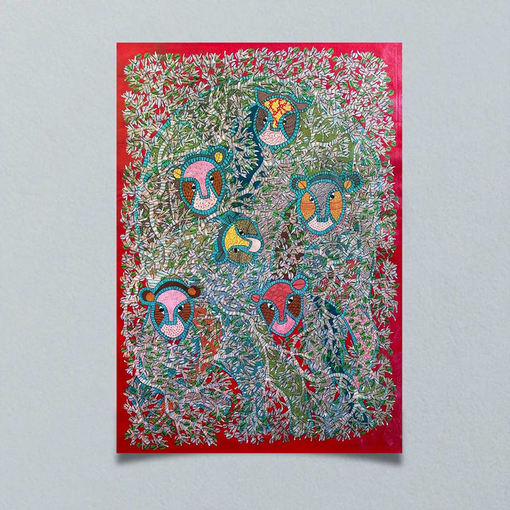 24 x 36 Inch | Lions In The Trees | Original Hand Painted Tribal Gond Art Painting | Acrylic Paints On Paper