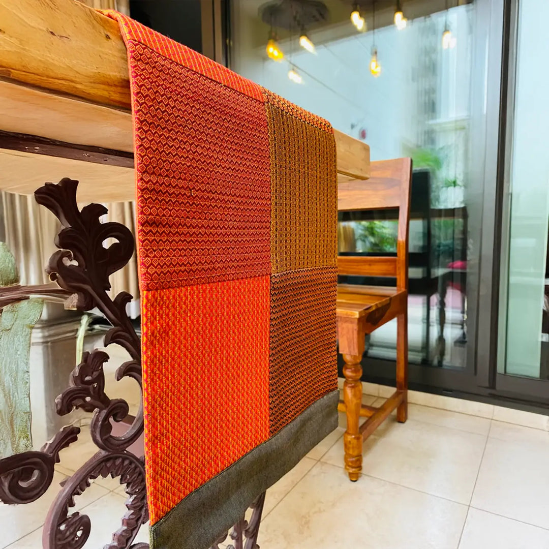 Handmade Orange Geometry Design Khunn Fabric Cotton Table Runner | 12 x 60 Inch