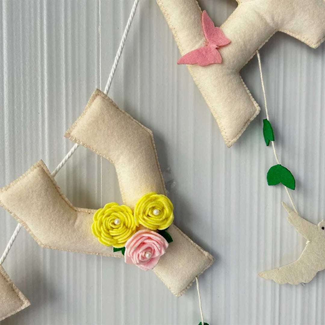 Personalized Birds And Butterflies Felt Bunting Garland For Kids - Close-up Hanging on String Display