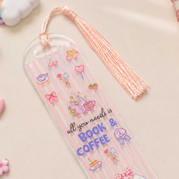 "Book & Coffee" Theme Handmade Acrylic Bookmark With Tassel For Book Lovers