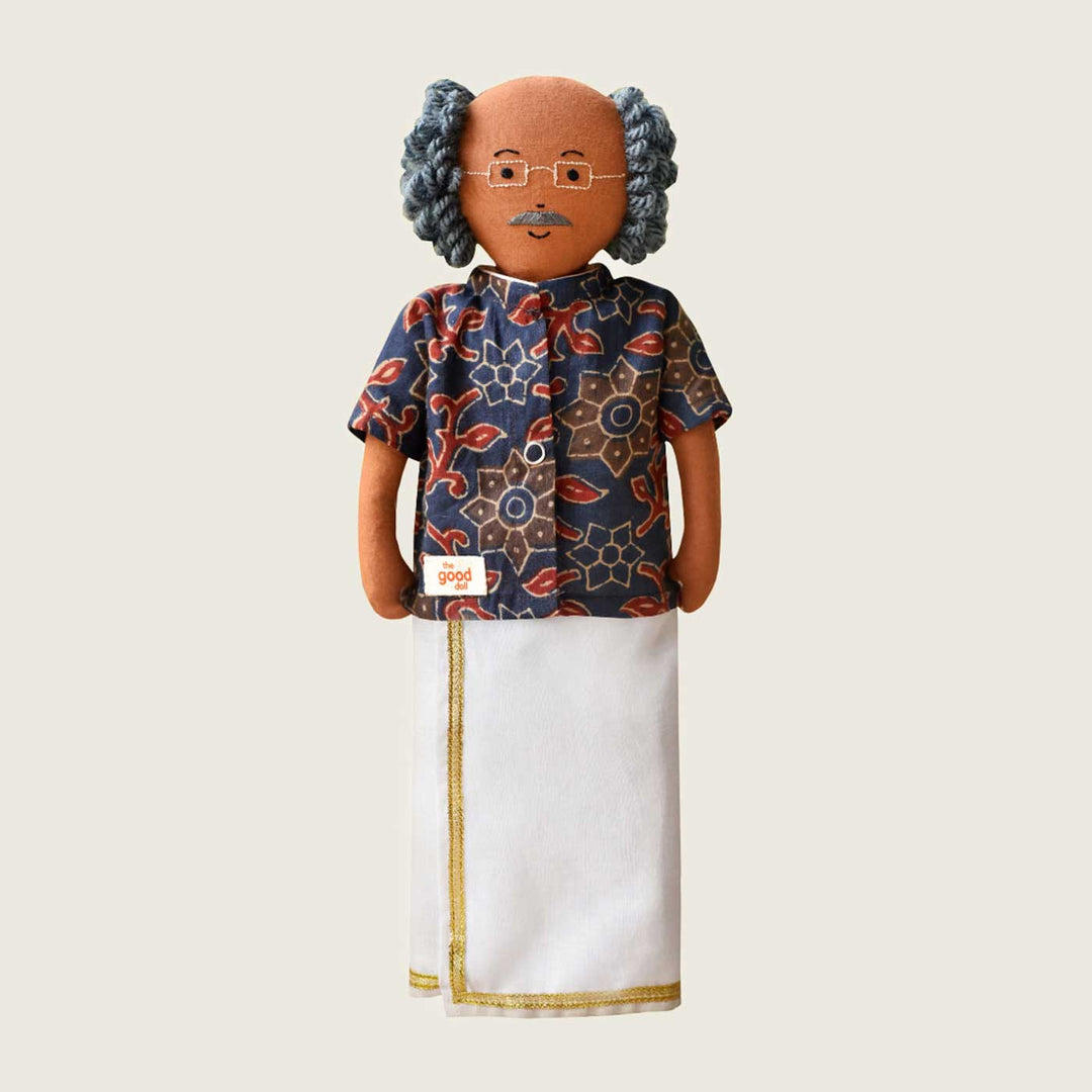 Nilah's Tatha (Grandfather) In Blue Shirt  | Soft Hand-Stitched Sustainable Indian Play Doll