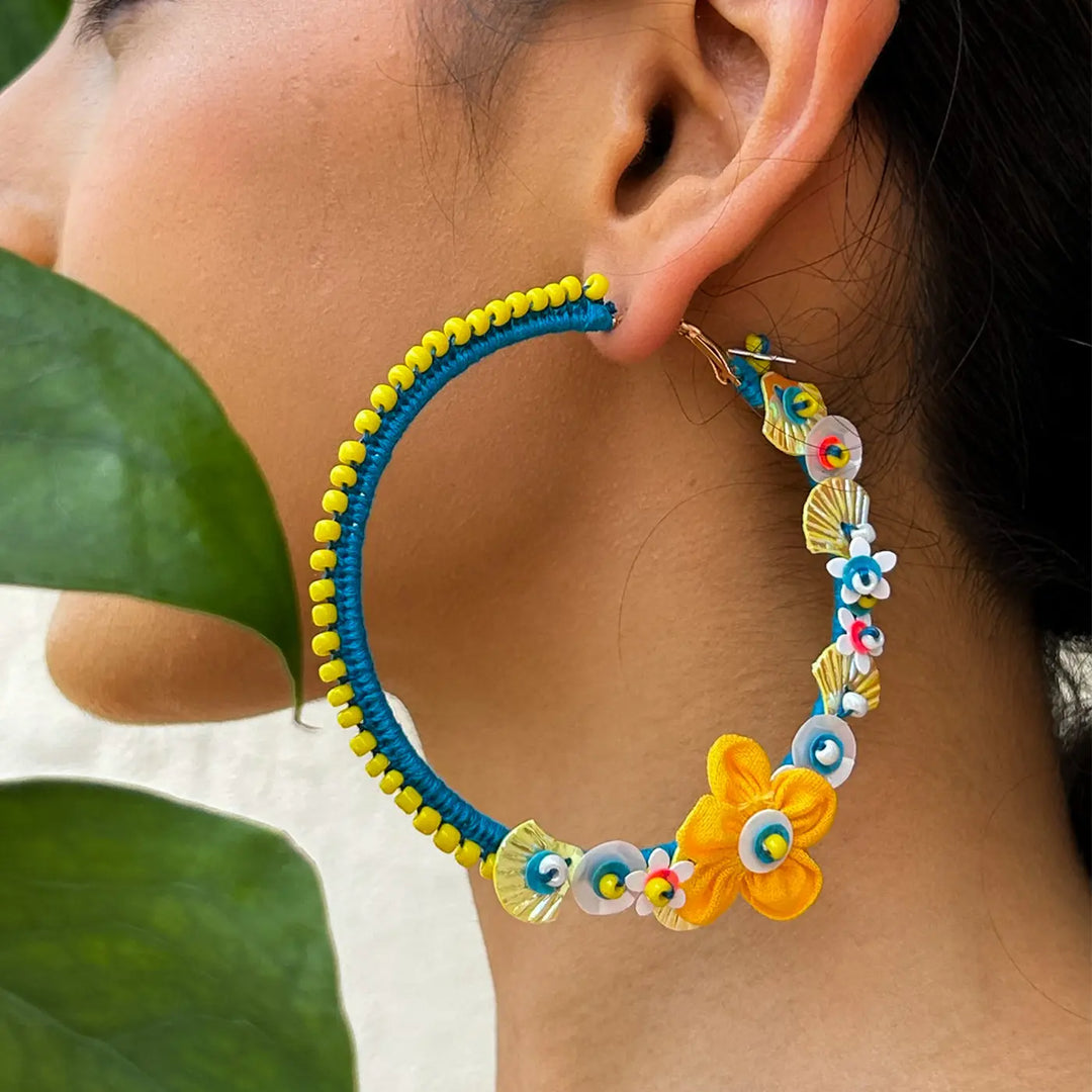 Hand Embroidered Beaded Yellow & Blue Garden Inspired Motifs Cotton Earrings