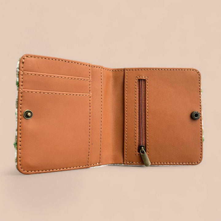 Handmade Embroidered Green Leaves Design Jacquard Wallet