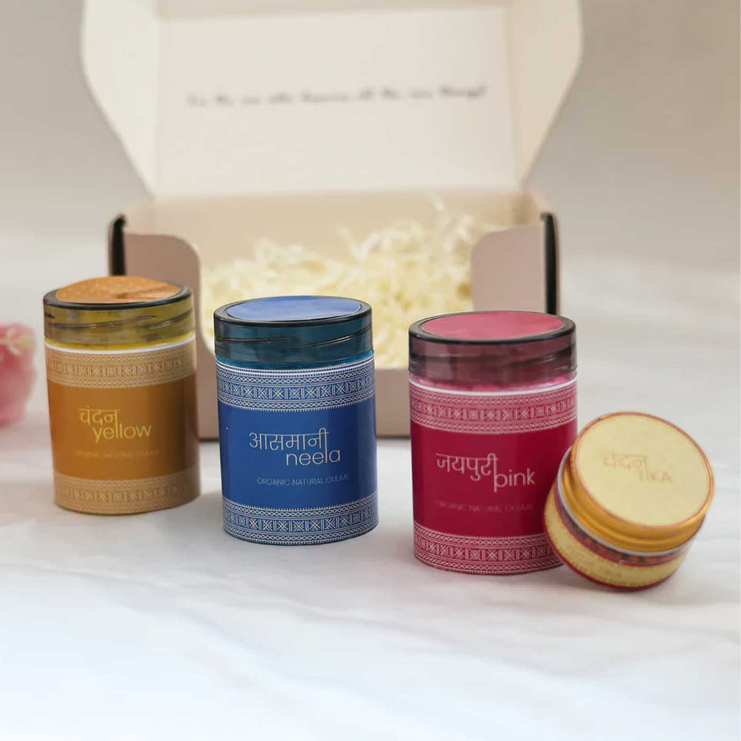 Rang-Otsav Grandeur Box | Includes 1 Organic Yellow Gulaal, 1 Organic Pink Gulaal, 1 Organic Blue Gulaal, 1 Chandan Tika, 1 All Things Nice Gift Box
