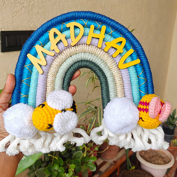 Personalized Macrame Rainbow & Bee Theme Kids Name Plate