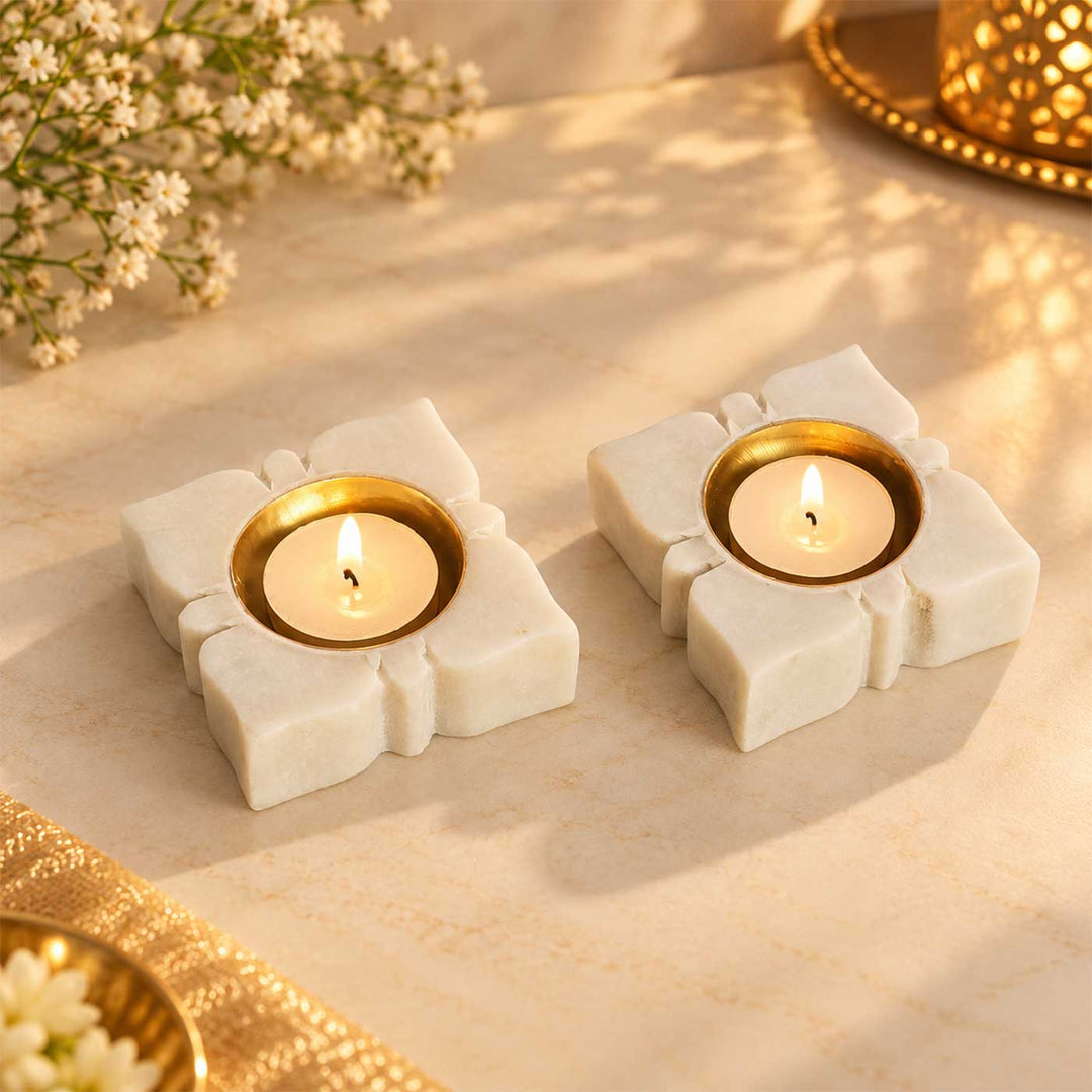 Set Of 2 | Handmade Square Marble & Brass Oil Lamp / Diya For Pooja Decor