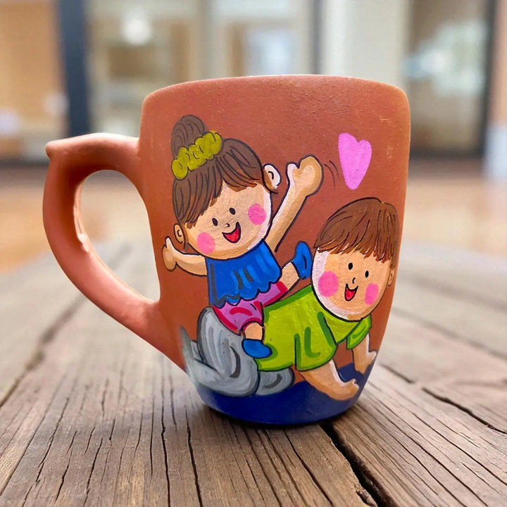 Hand-Painted Siblings Caricature Illustration Terracotta Mug