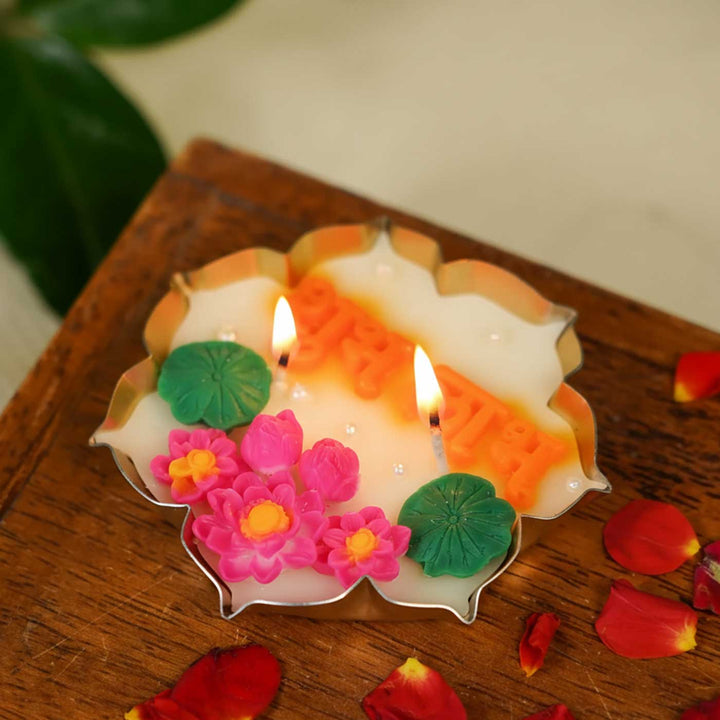 Handmade Floral Shubh Labh Soy Wax Metal Urli Diya