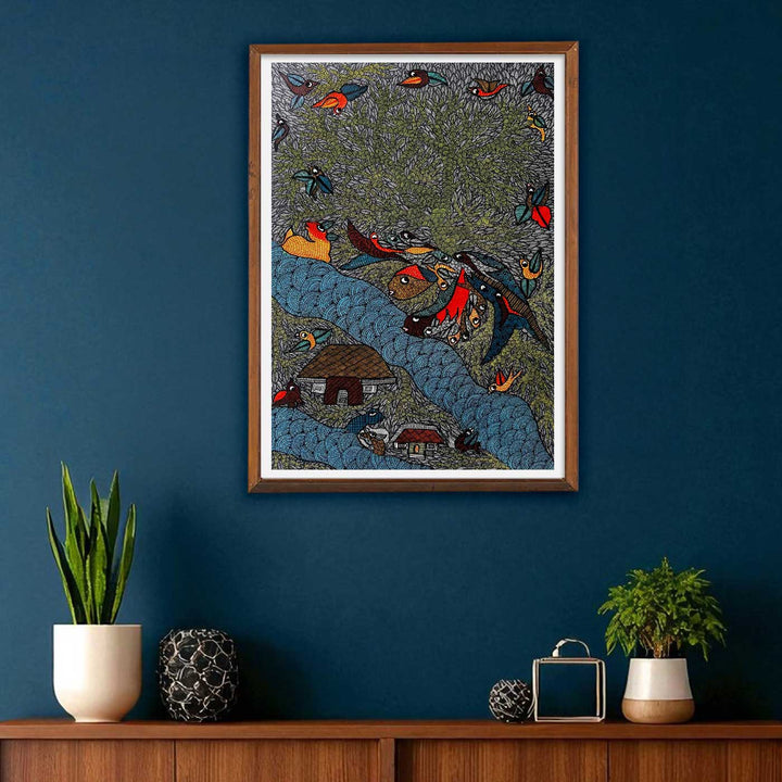 15 x 22 Inch | Flow and Flight | Original Hand Painted Tribal Gond Art Painting | Acrylic Paints On Paper